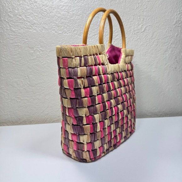 Boho Woven Straw Tote Handbag Wooden Handle Zip Top Summer Beach Resort Festival - Picture 3 of 13